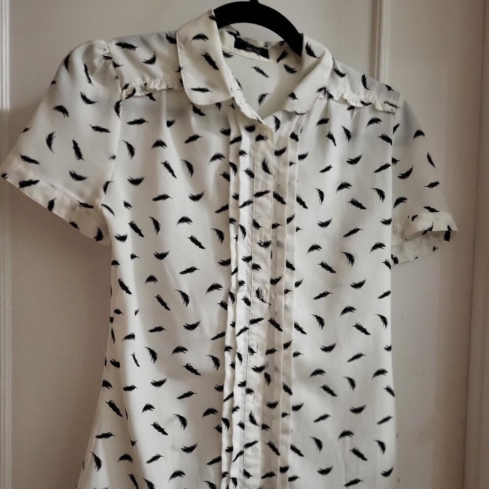 Vintage Jacob White Short Sleeve Button Down Blouse with Black Feather Print